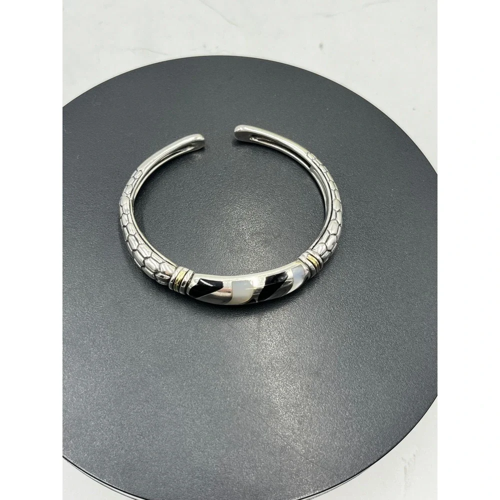 Asch Grossbardt Sterling Silver 18K Onyx Mother of Pearl Inlay Cuff Bracelet
